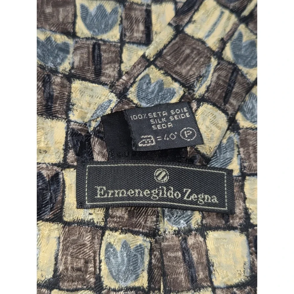 ERMENEGILDO ZEGNA Disegno Tie‎ Brown Yellow Green Flowers 59L 4W Made in Italy